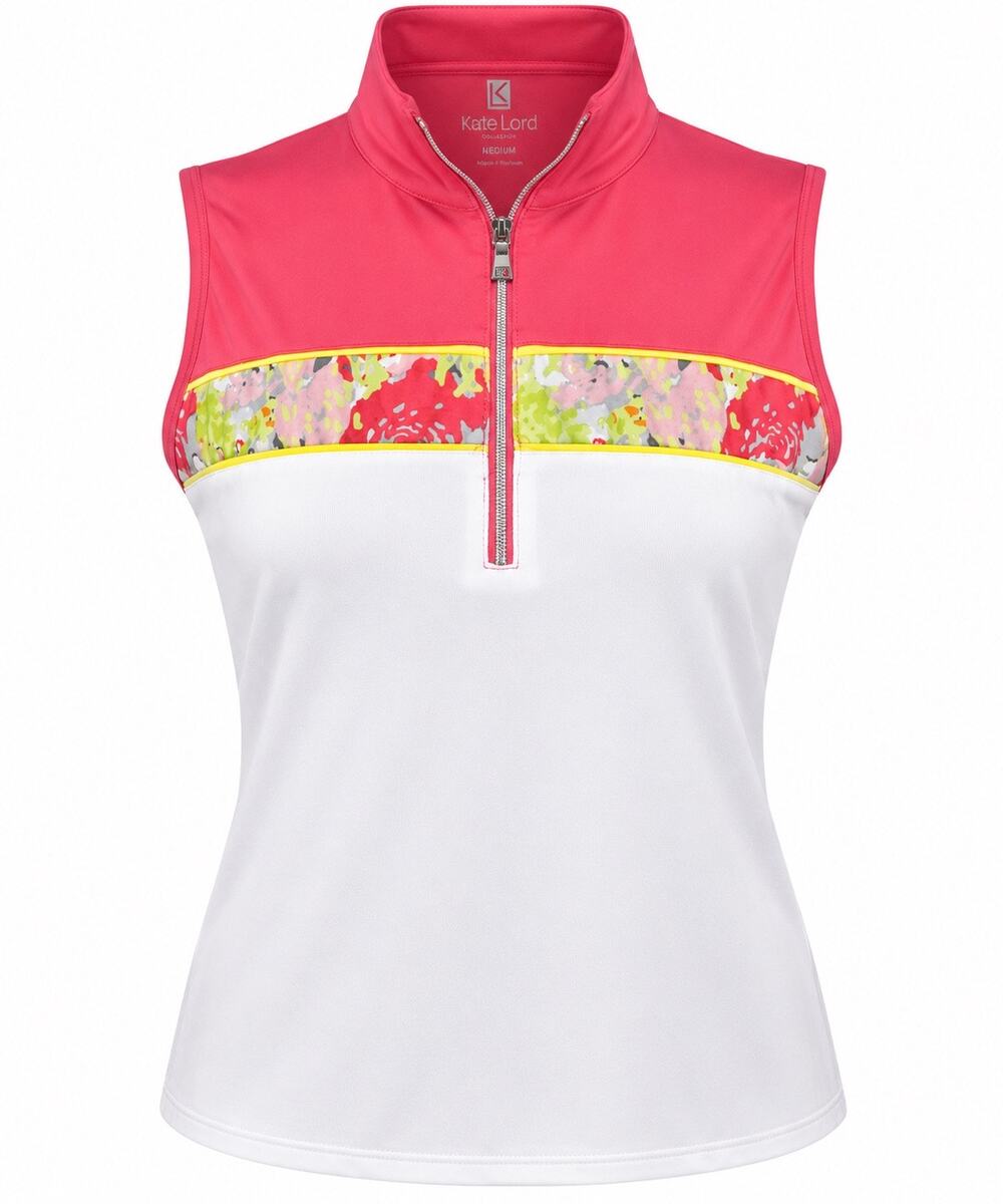 Kate Lord Collection Women’s Medium Sleeveless Golf Top PinkWhite Floral 1/4 Zip